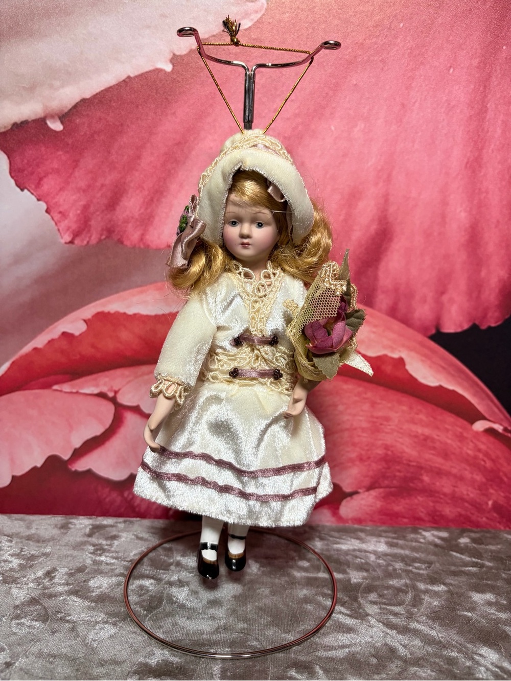 Beautiful 8" Porcelain Collector Doll with Roses & Bonnet